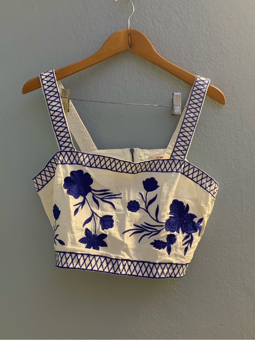 White Cropped Tank with Blue Floral Embroidery